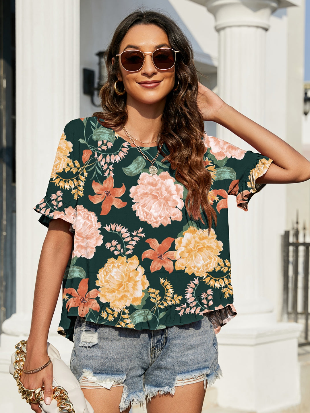 Floral Ruffled Short Sleeve Blouse