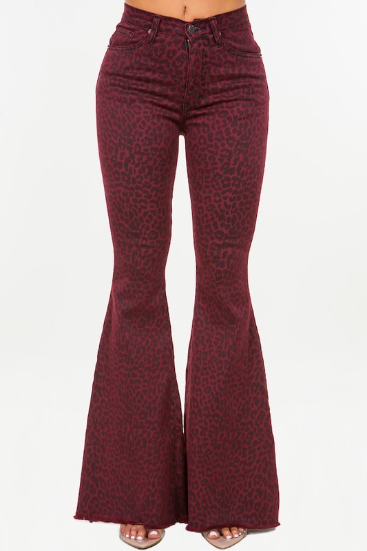 Leopard Bell Bottom Jean in Burgundy- Inseam 32