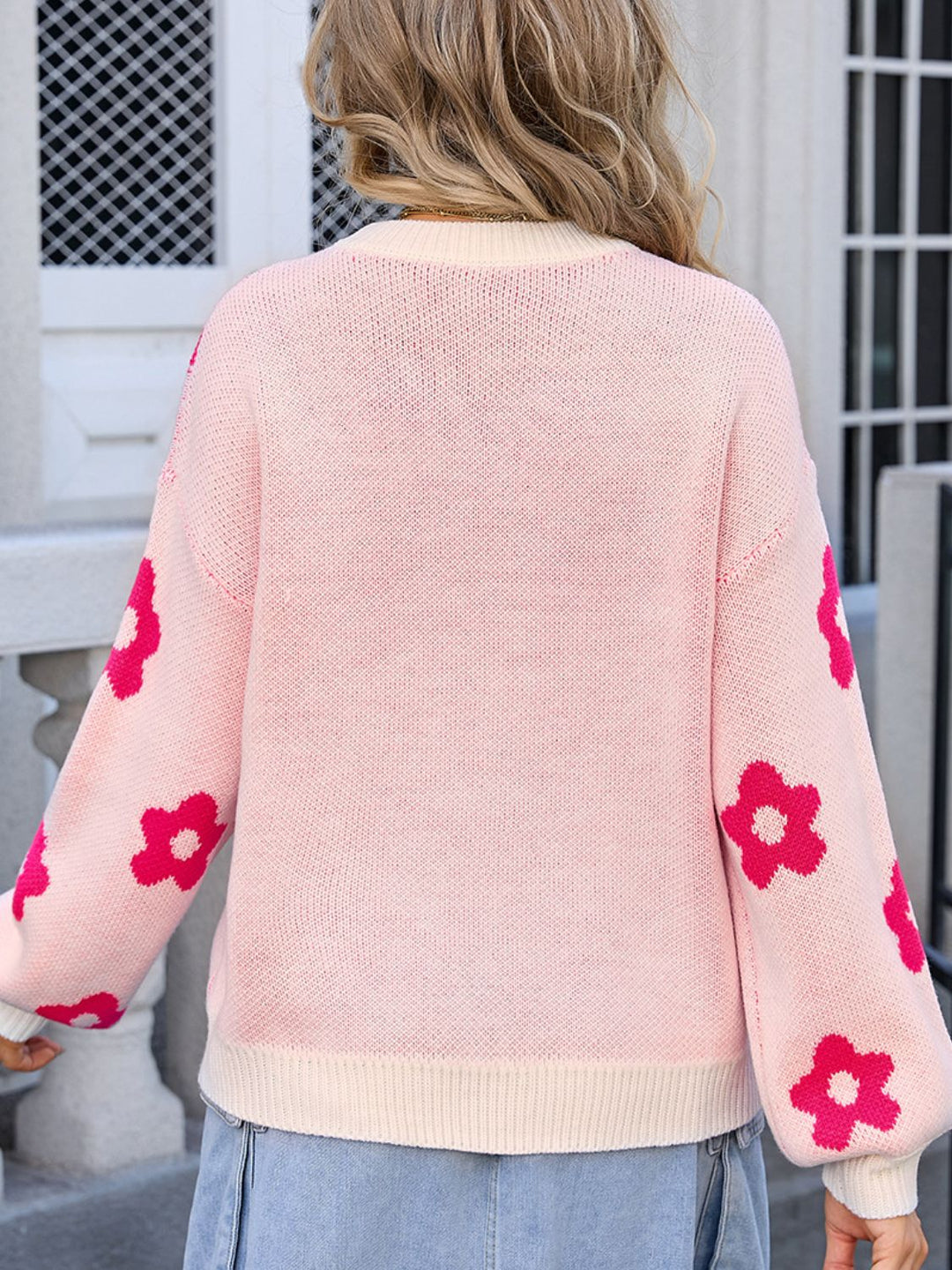 Flower Round Neck Dropped Shoulder Sweater