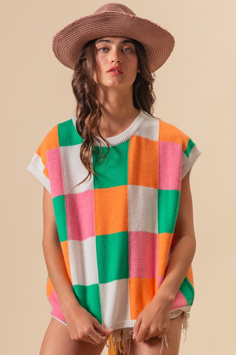 BiBi Color Block Checkered Sweater Vest