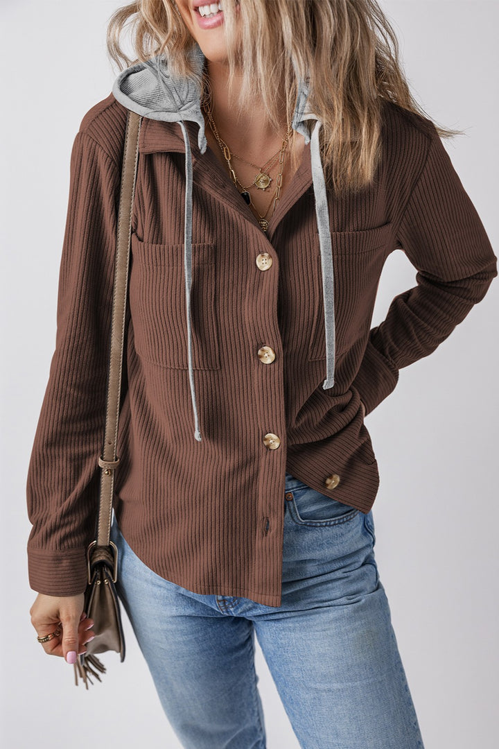 Drawstring Button Up Long Sleeve Hooded Jacket