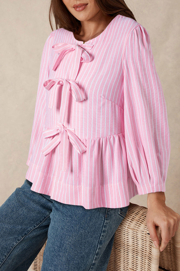 Tied Bow Striped Round Neck Blouse