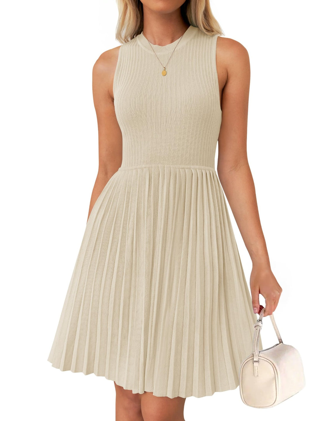 Pleated Round Neck Sleeveless Mini Tank Dress