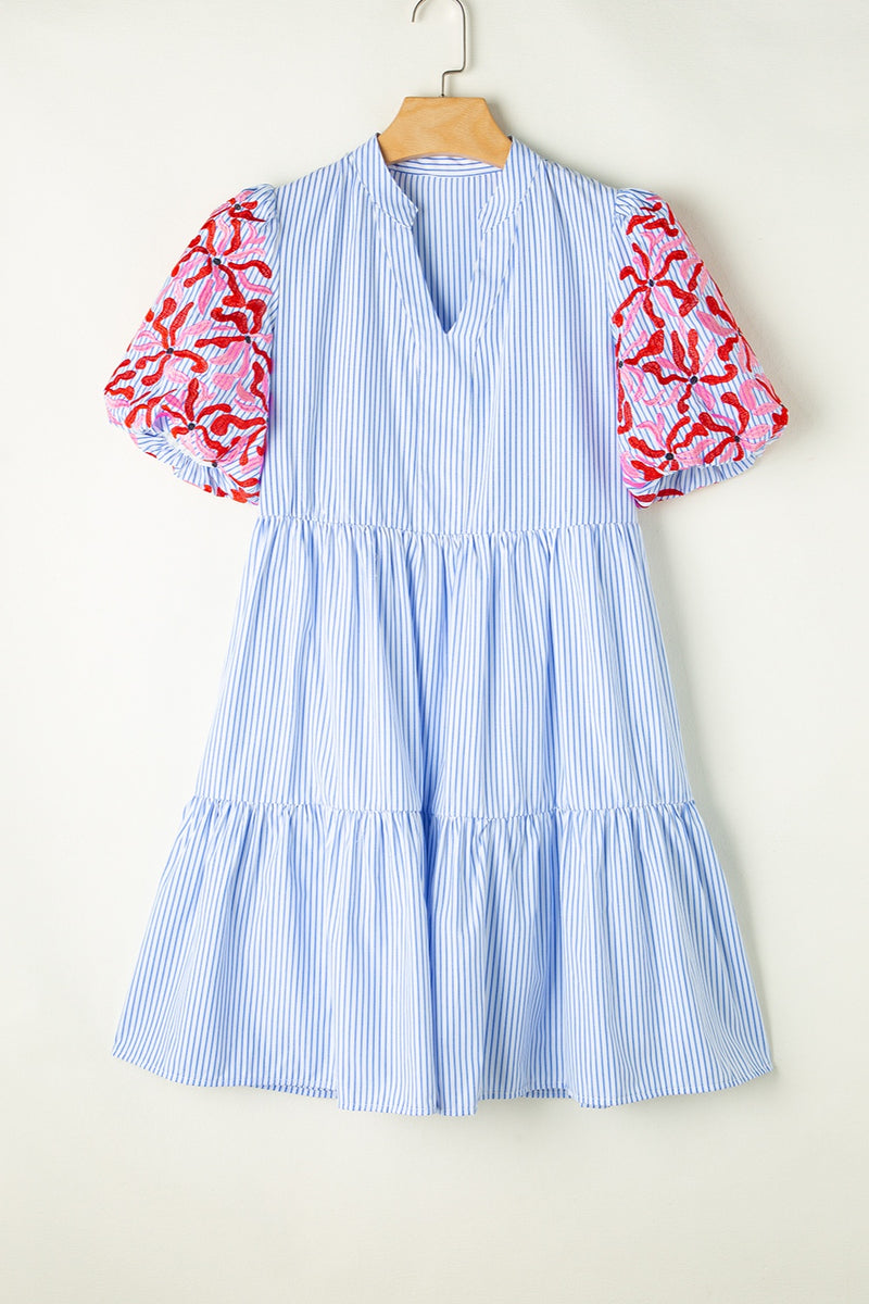 Embroidered Striped Notched Short Sleeve Dress