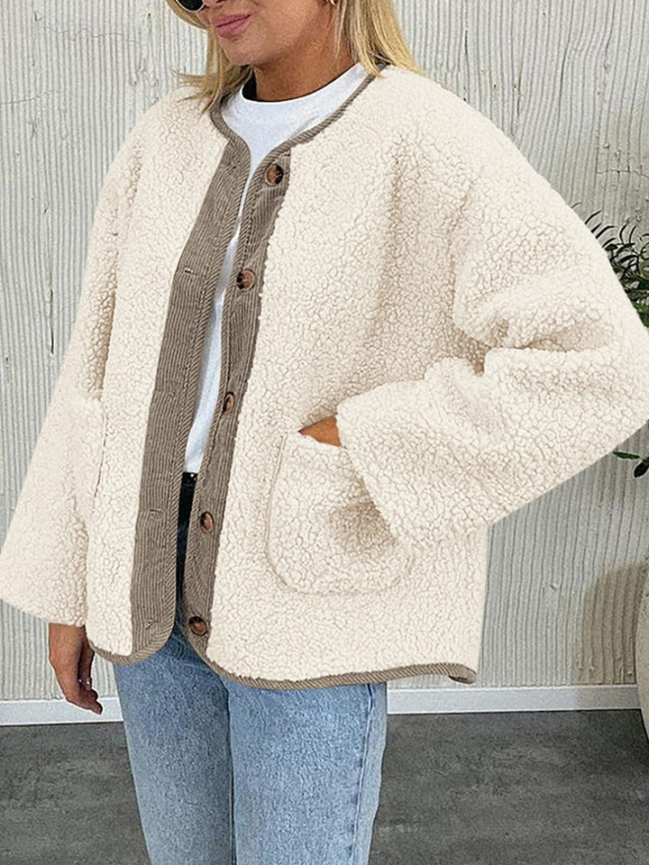 Contrast Button Up Sherpa Jacket with Pockets