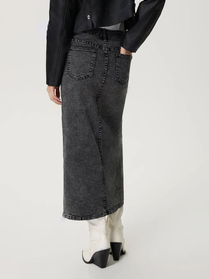 Slit Midi Denim Skirt with Pockets