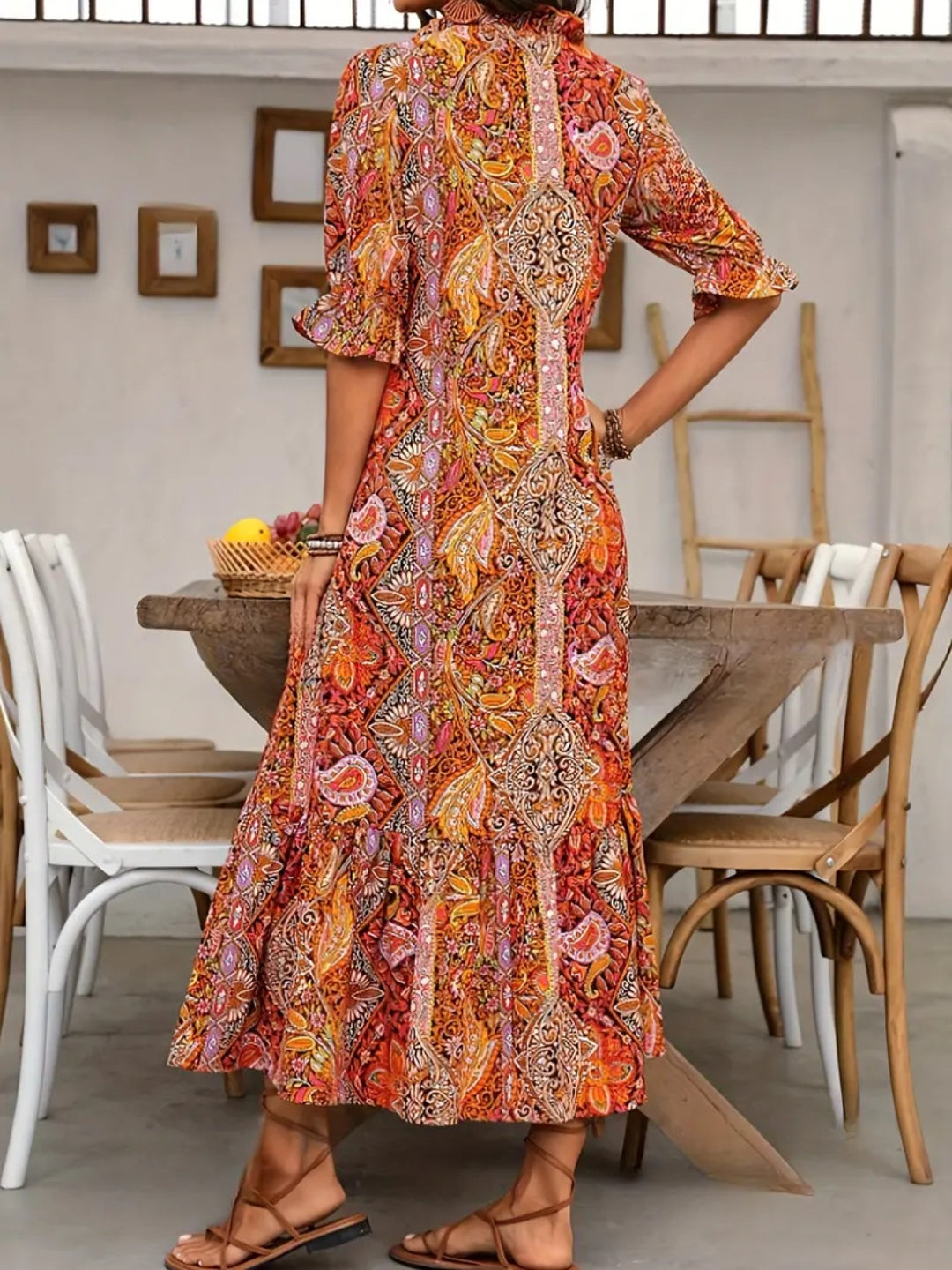 Printed Tie Neck Flounce Sleeve Midi Dress