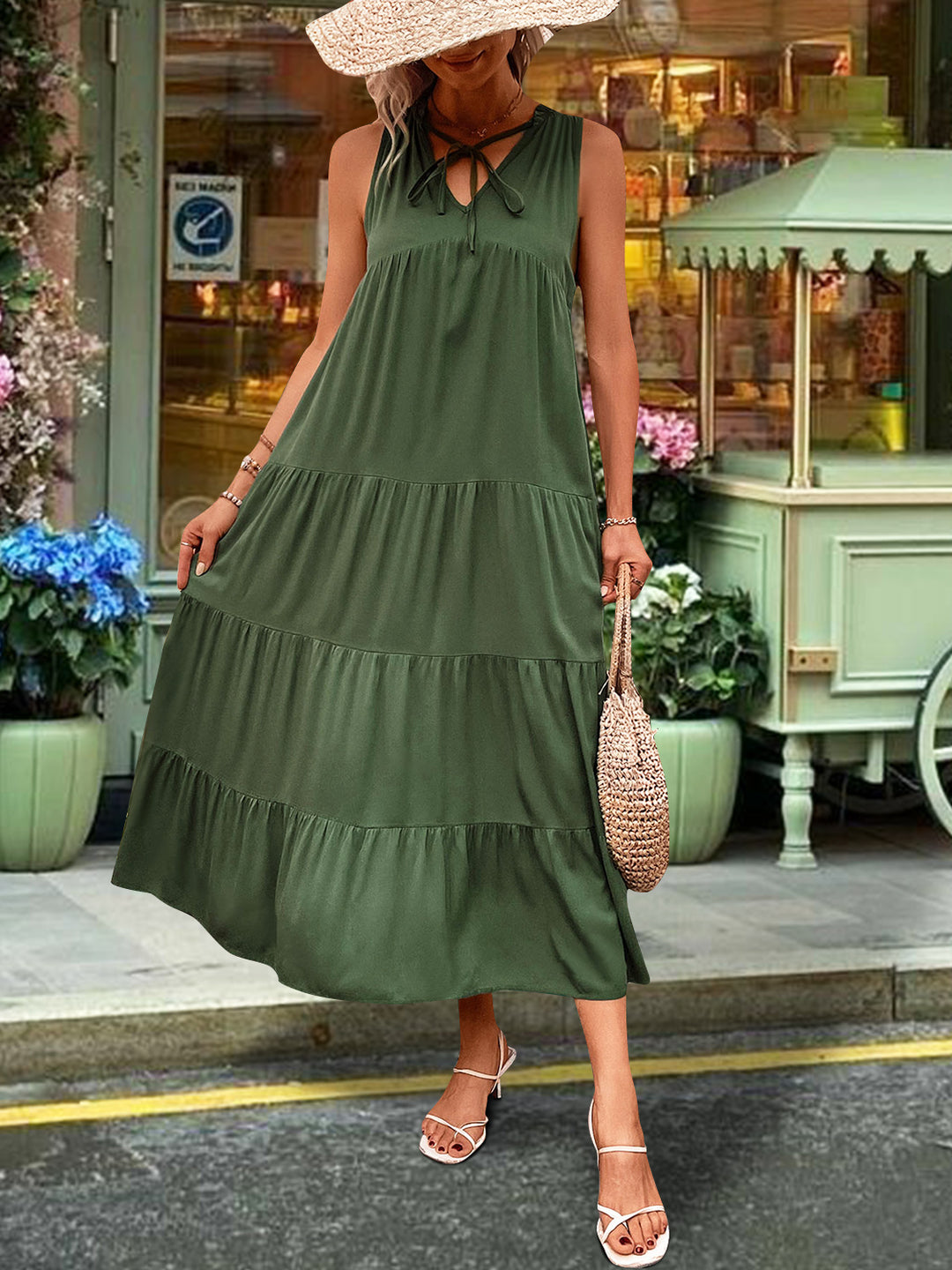 Tiered Tie Neck  Midi Dress