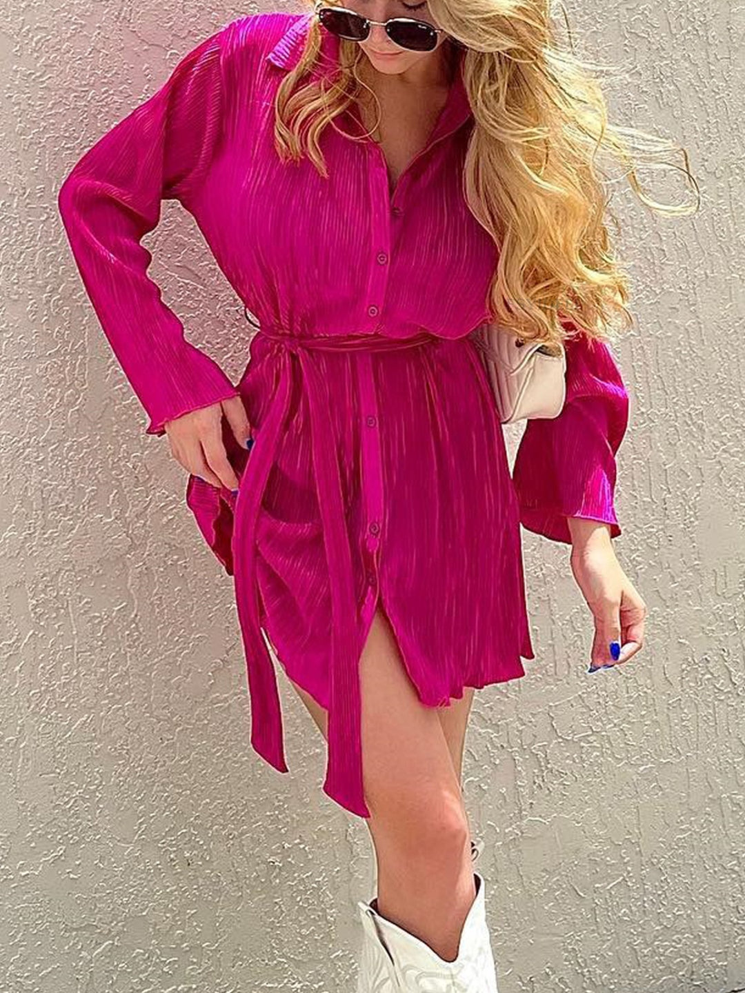 Tied Button Up Long Sleeve Dress