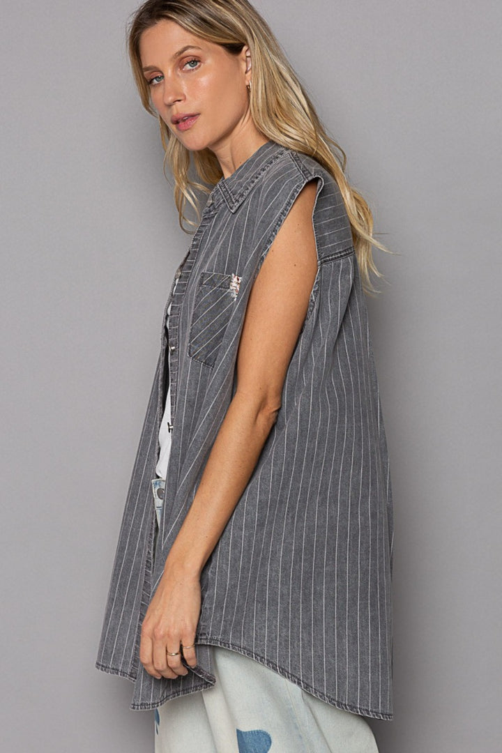 POL Button Down Sleeveless Striped Denim Shirt