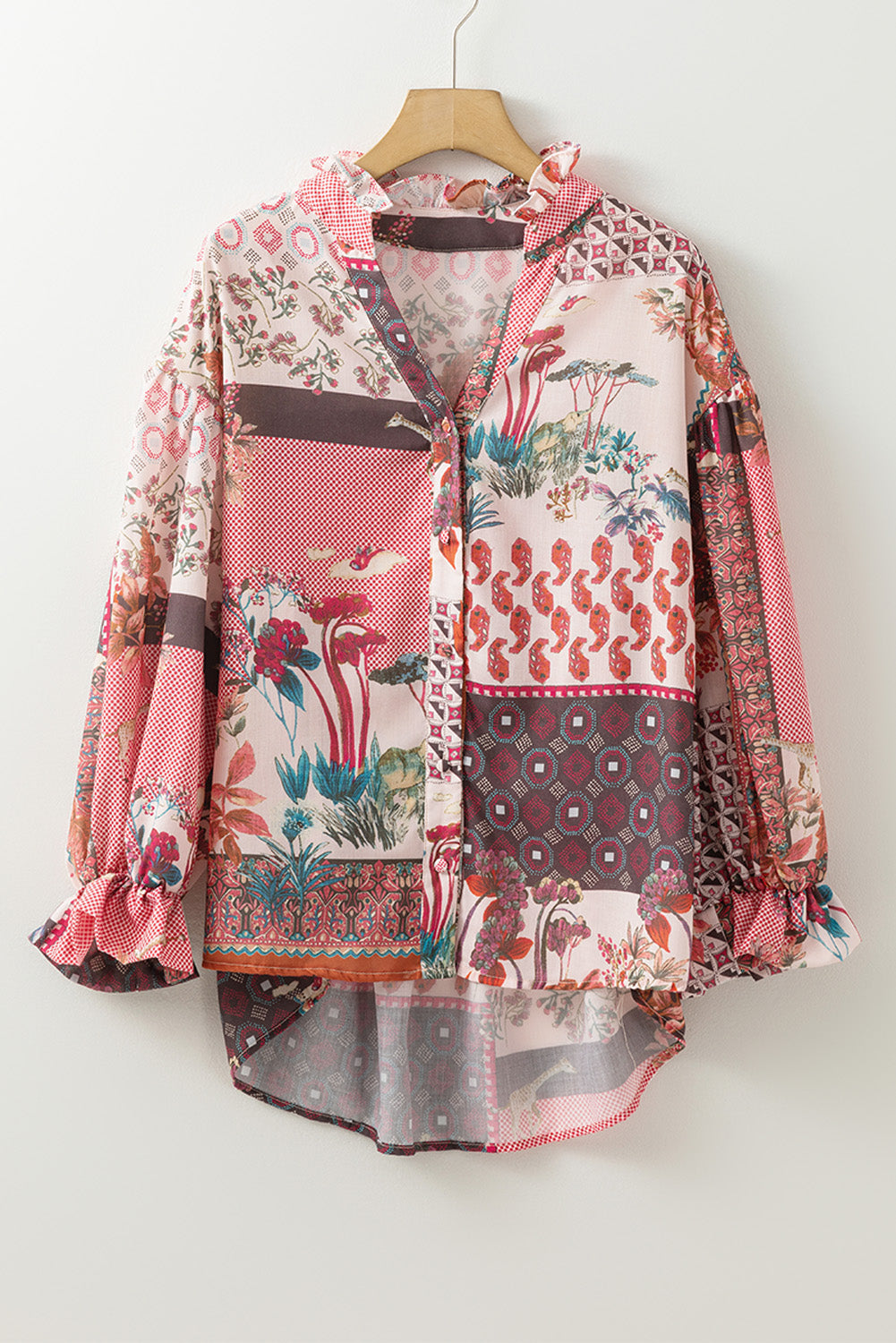 Patchwork Printed Notched Flounce Sleeve Shirt