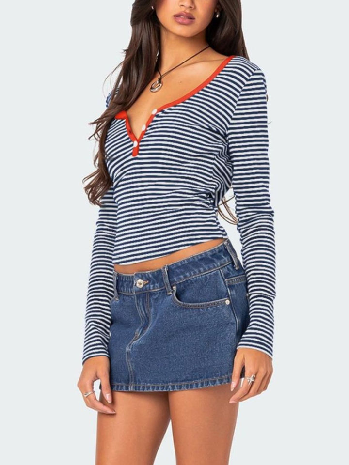 Buttoned Striped Long Sleeve T-Shirt