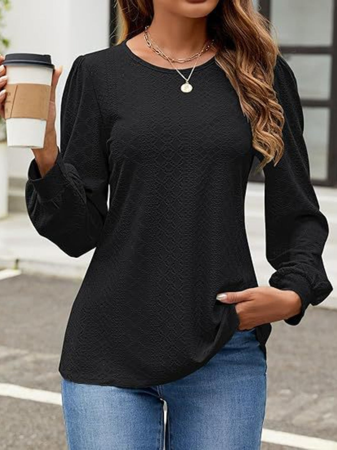 Eyelet Round Neck Long Sleeve Top