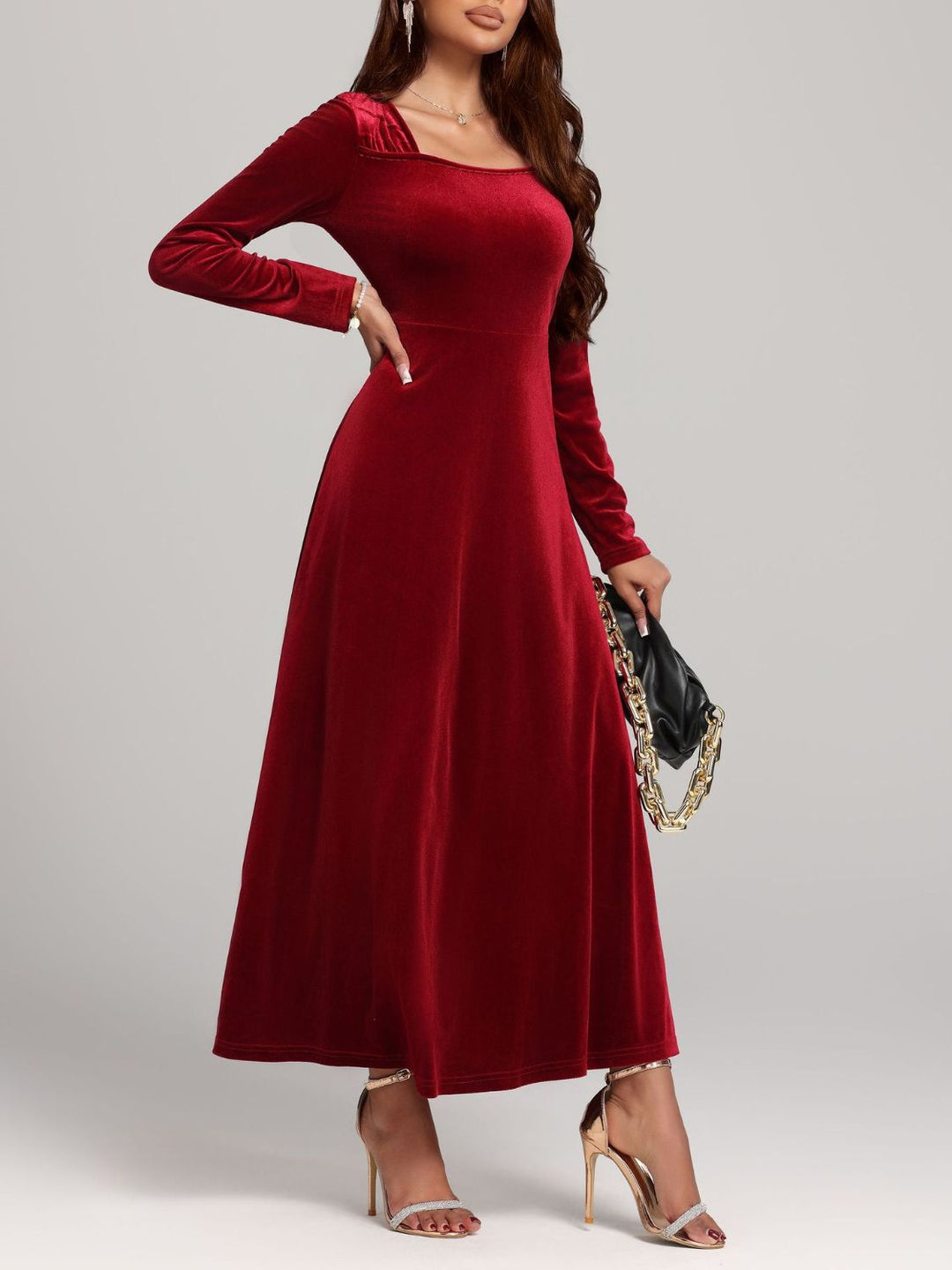 Square Neck Long Sleeve Velvet Dress