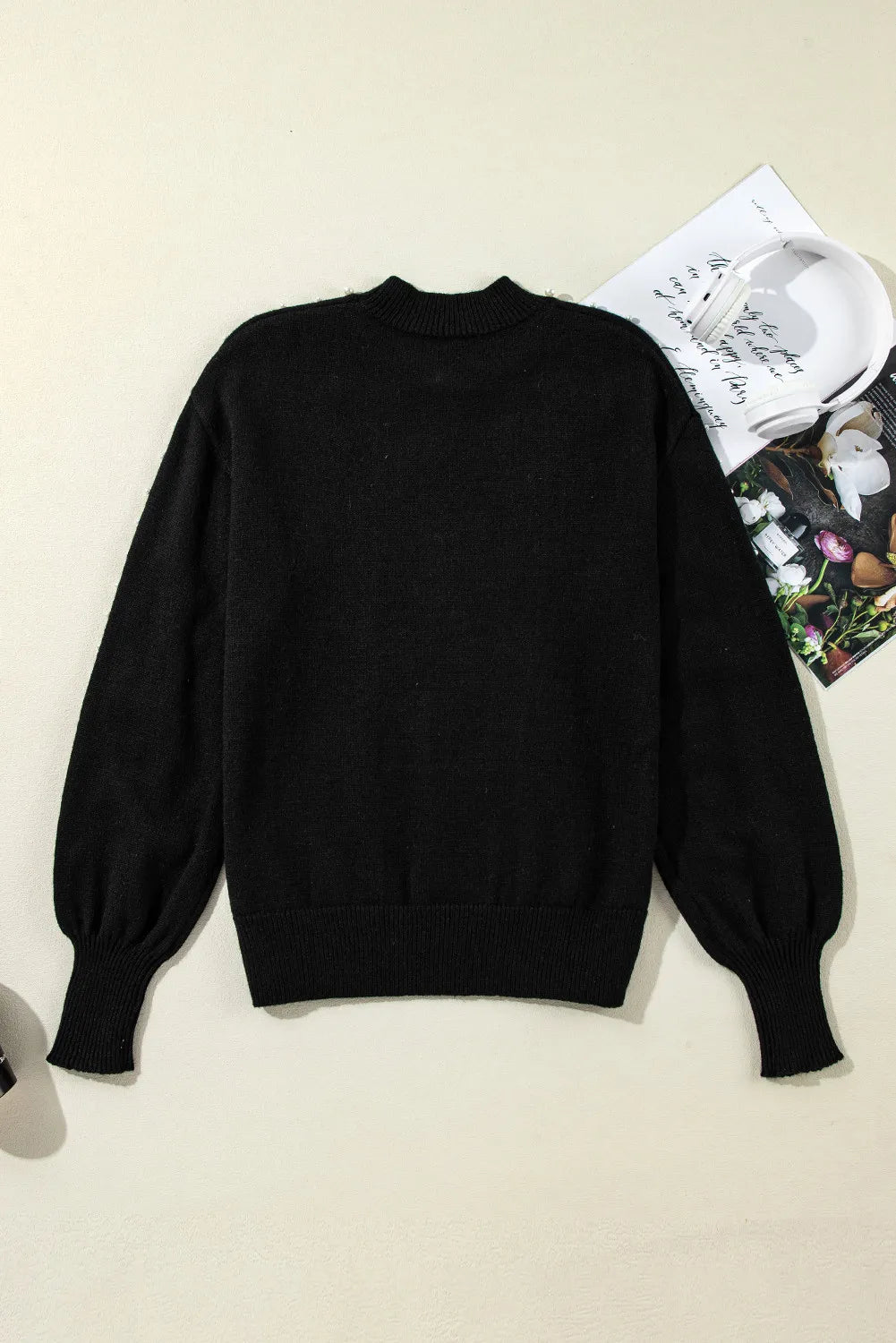 Pearl Detail Mock Neck Long Sleeve Sweater