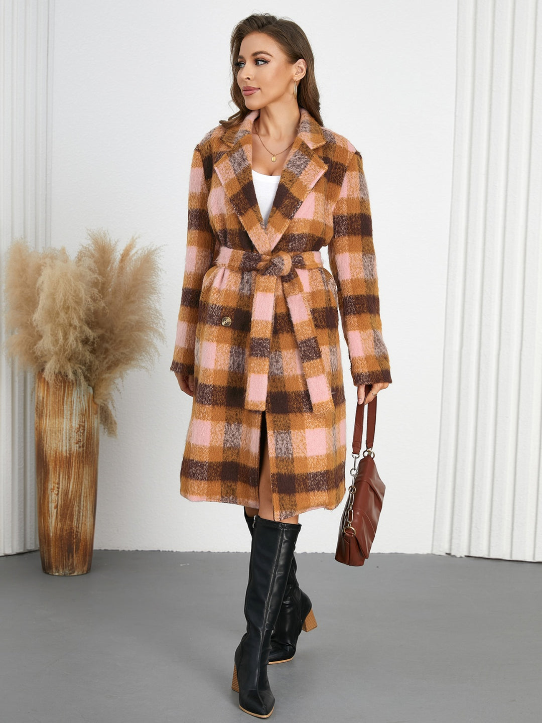 Tied Plaid Collared Neck Coat