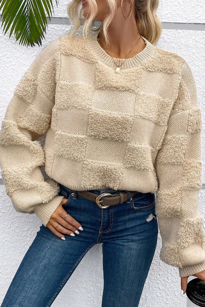 Checkered Round Neck Dropped Shoulder Sweater