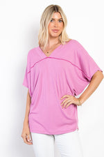 Be Stage Full Size V-Neck Short Sleeve Ribbed Top