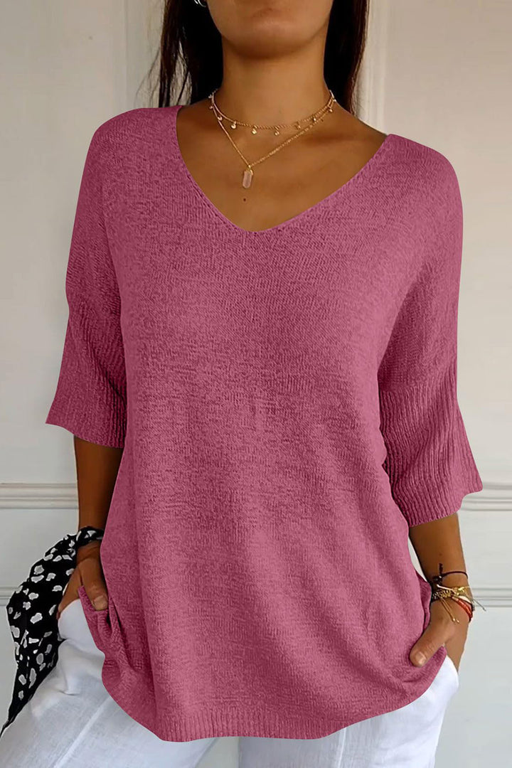 V-Neck Three-Quarter Sleeve Knit Top