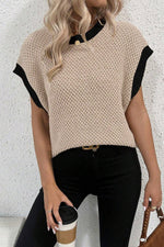 Contrast Round Neck Cap Sleeve Knit Top