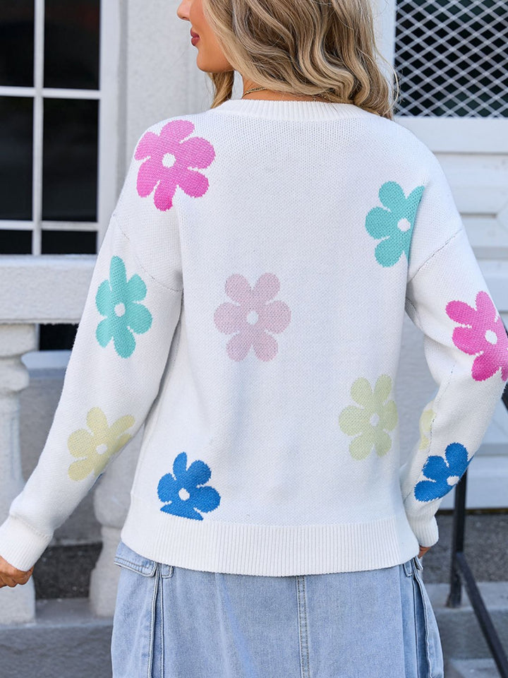 Flower Round Neck Long Sleeve Sweater