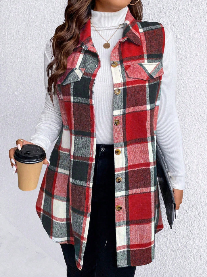 Honey Plus Size Pocketed Plaid Button Up Vest Coat