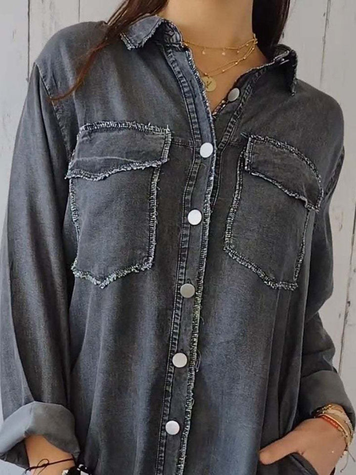 Full Size Raw Hem Button Up Long Sleeve Denim Top Plus Size