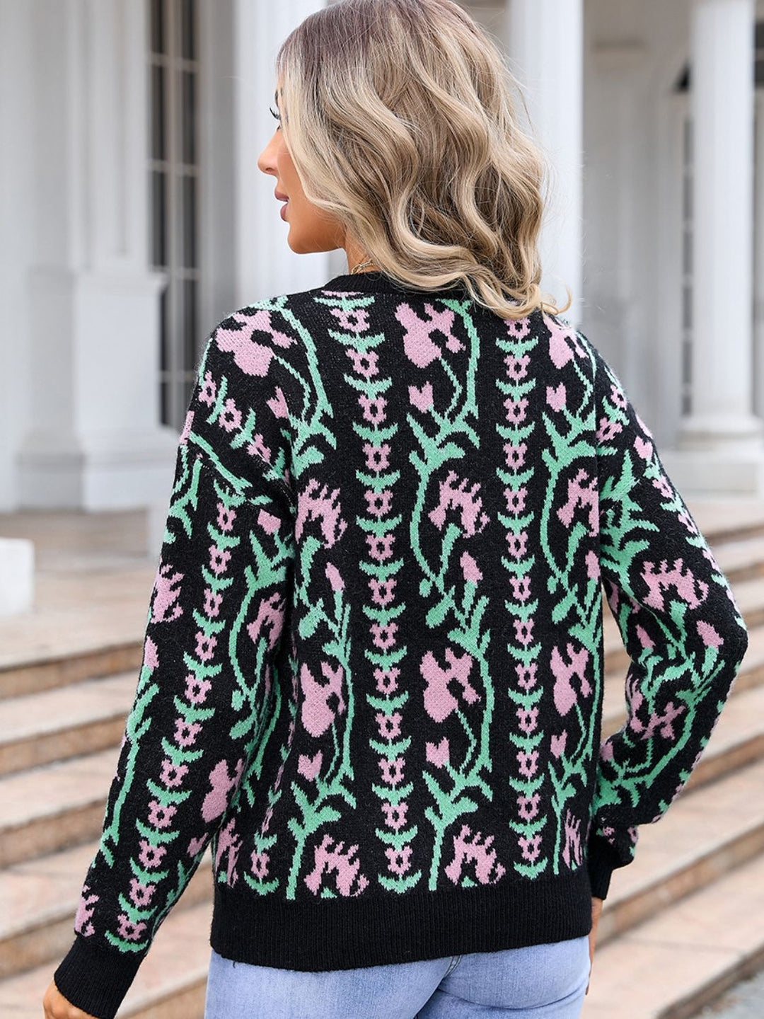 Flower Round Neck Long Sleeve Sweater