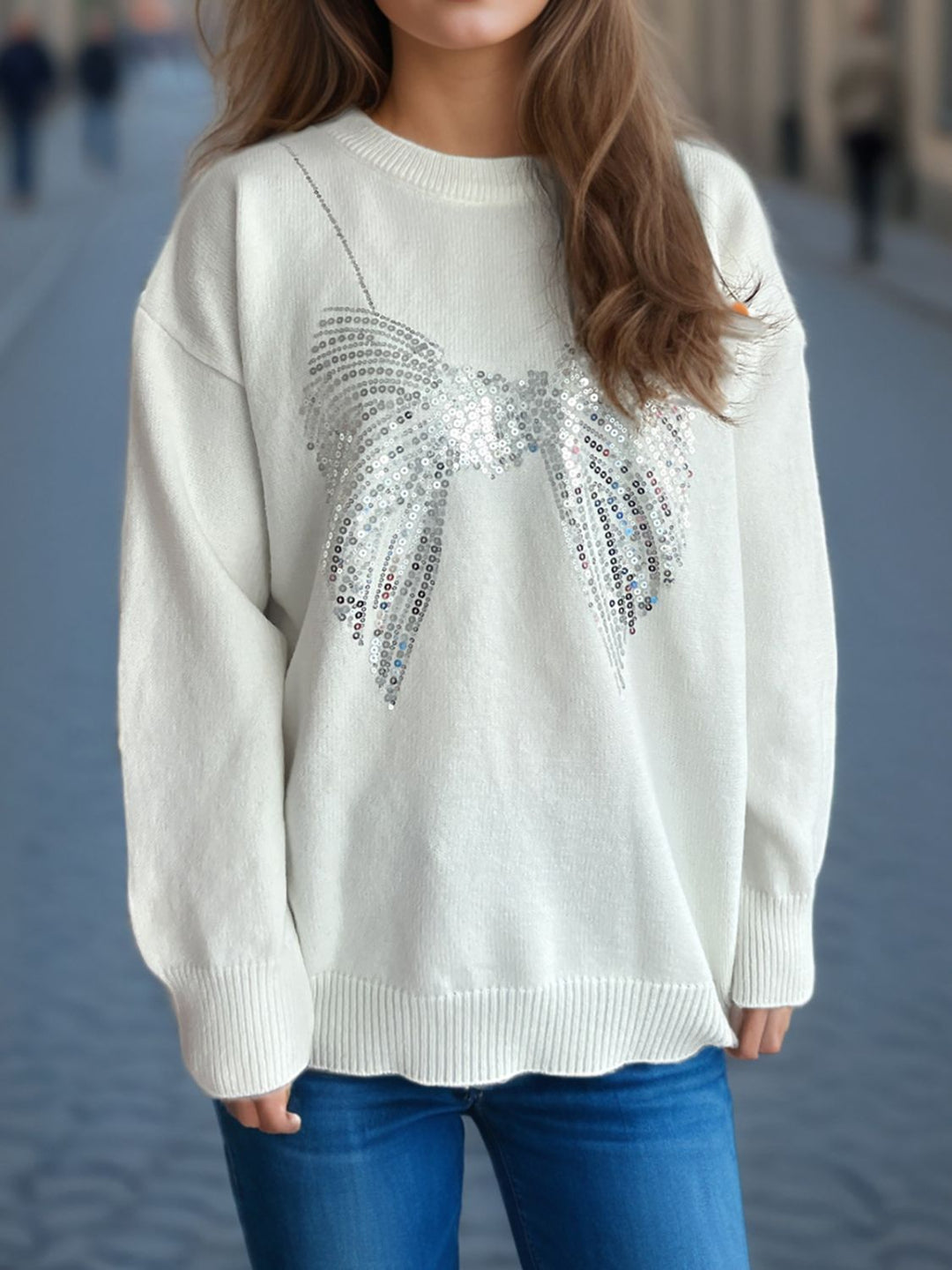 Sequin Bow Round Neck Long Sleeve Sweater