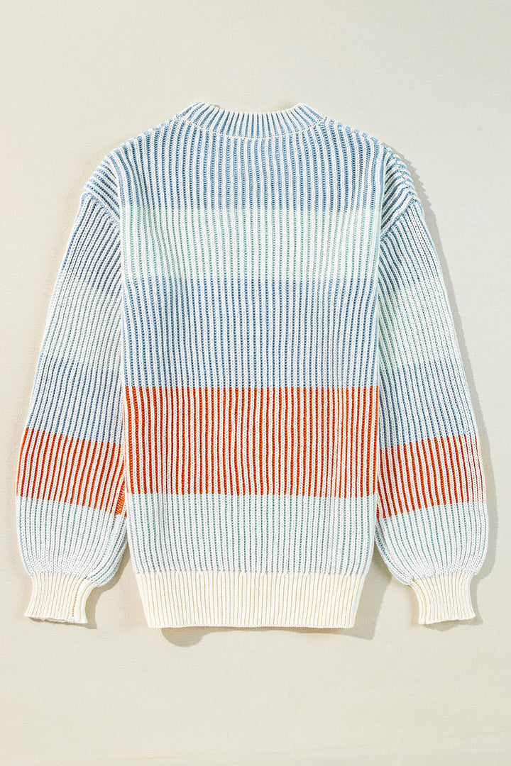 Striped Color Block Round Neck Long Sleeve Sweater