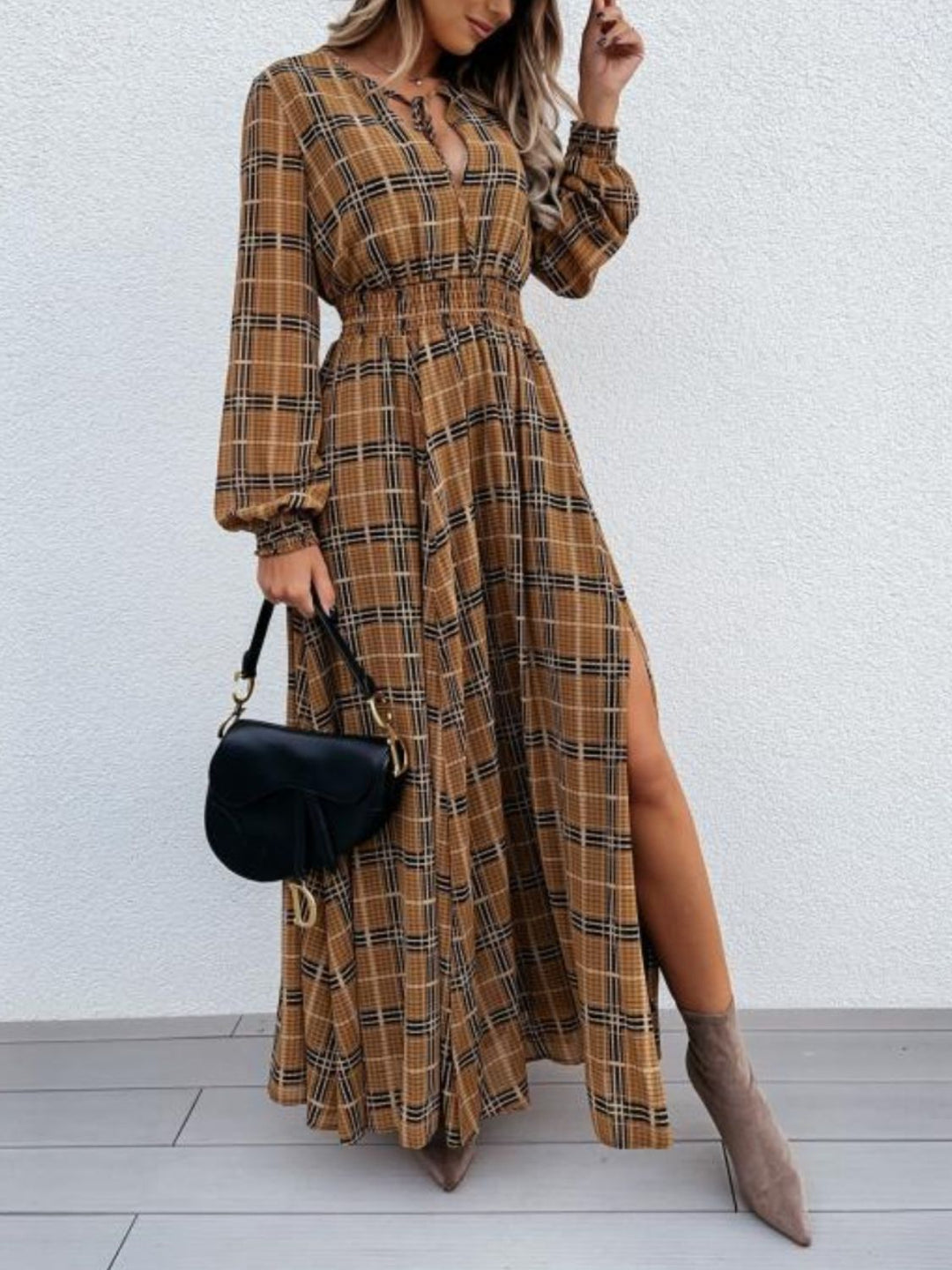 plaid long sleeve maxi dress Plaid mesh long sleeve maxi dress - Brown - L