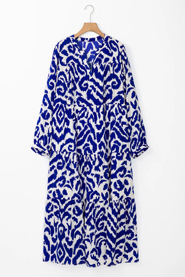 Tiered Printed Notched Long Sleeve Midi Dress