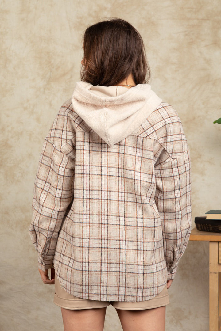 Drawstring Plaid Long Sleeve Hooded Jacket