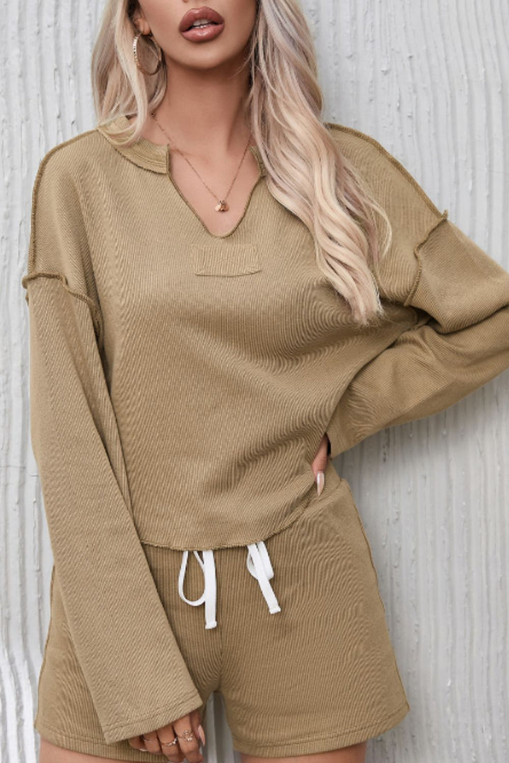 Exposed Seam Long Sleeve Top and Drawstring Shorts Set