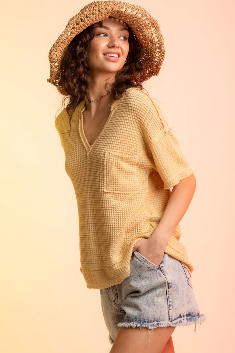 Waffle-Knit Notched Half Sleeve T-Shirt