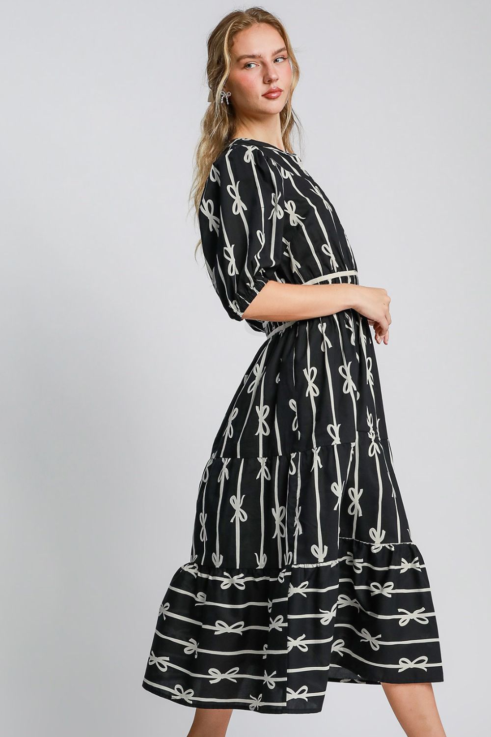 Umgee Bow Tie Print Notched Contrast Velvet Trim Midi Dress