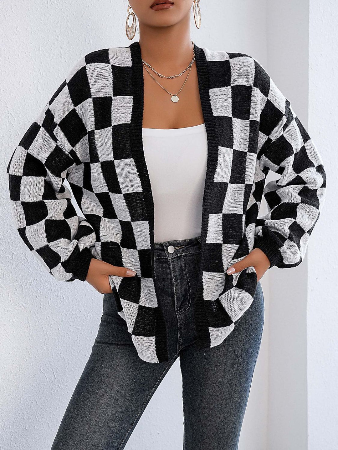 Checkered Open Front Long Sleeve Cardigan