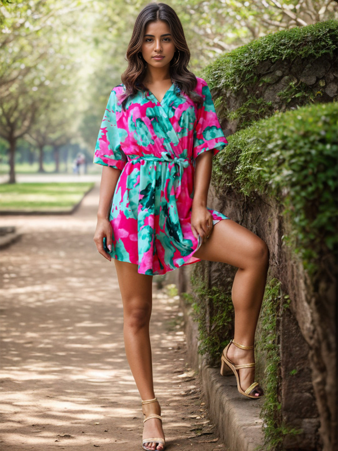 Printed Surplice Half Sleeve Romper