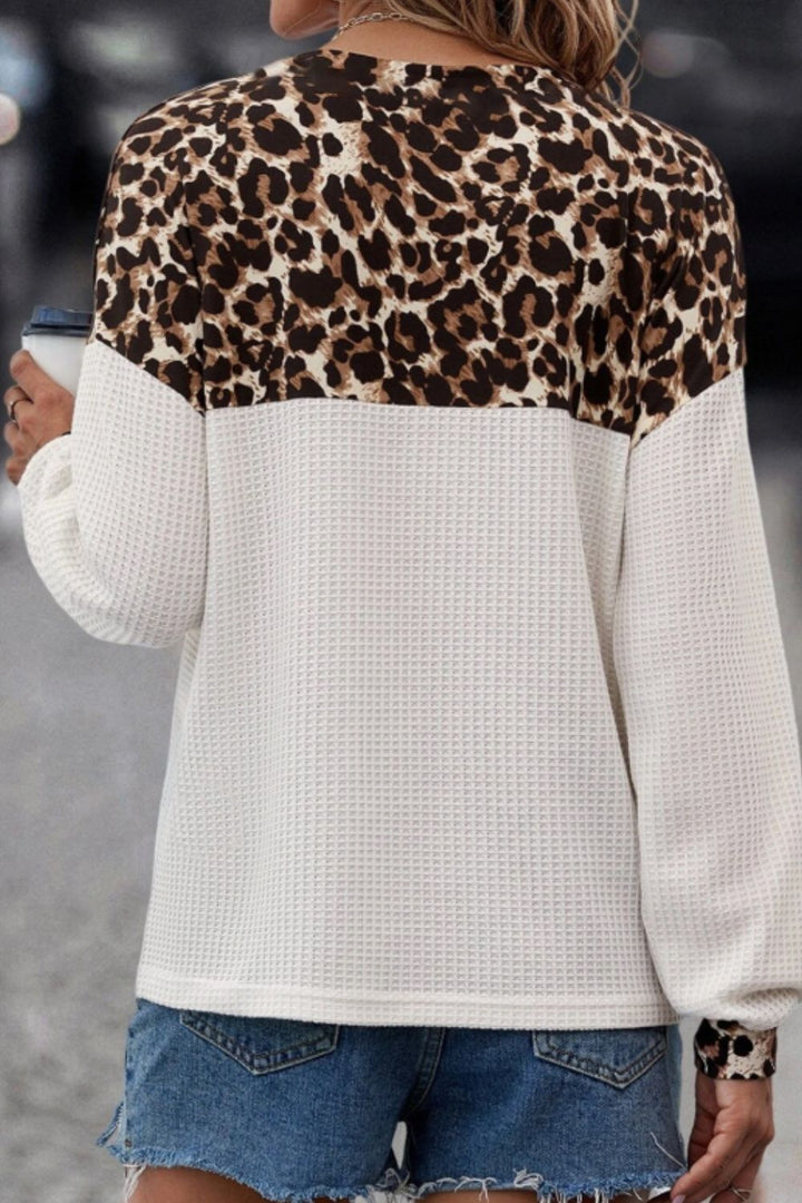 Waffle-Knit Leopard V-Neck Long Sleeve Blouse