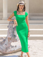 Square Neck Cap Sleeve Midi Dress