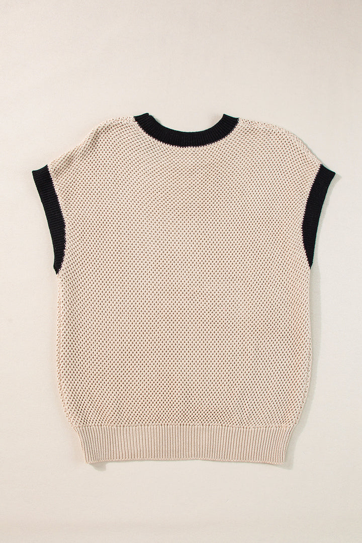 Contrast Trim Round Neck Cap Sleeve Knit Top