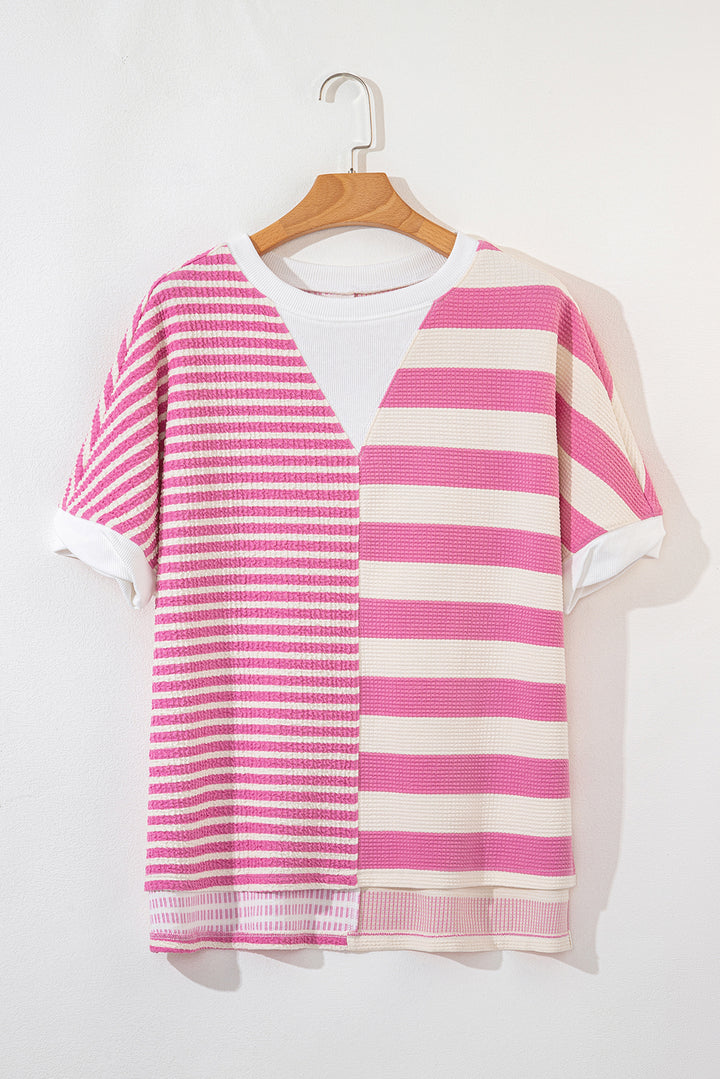 High-Low Striped Round Neck Short Sleeve T-Shirt