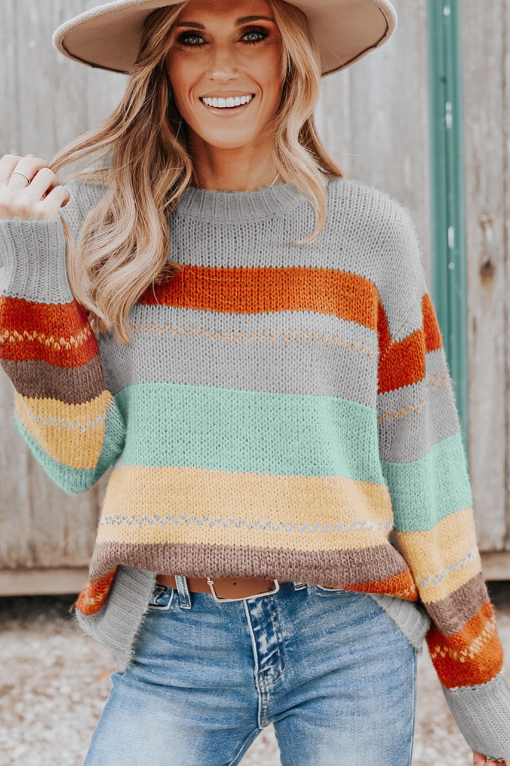 Color Block Round Neck Dropped Shoulder Sweater