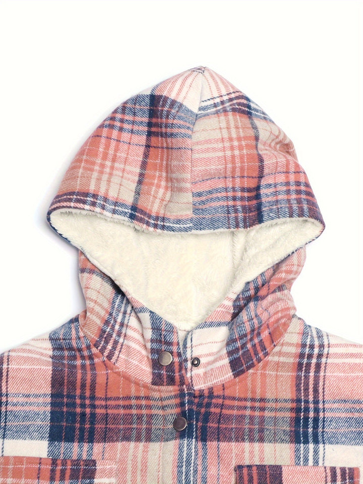 Plaid Snap Down Long Sleeve Hooded Outerwear