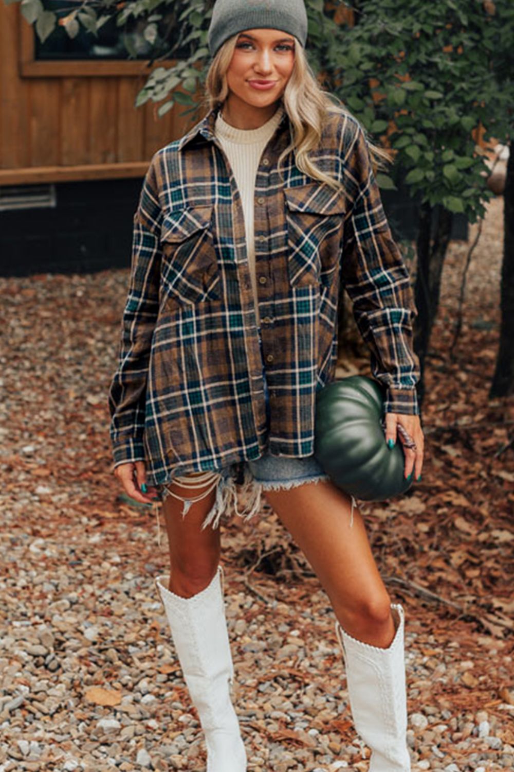 Plaid Collared Neck Button Up Jacket