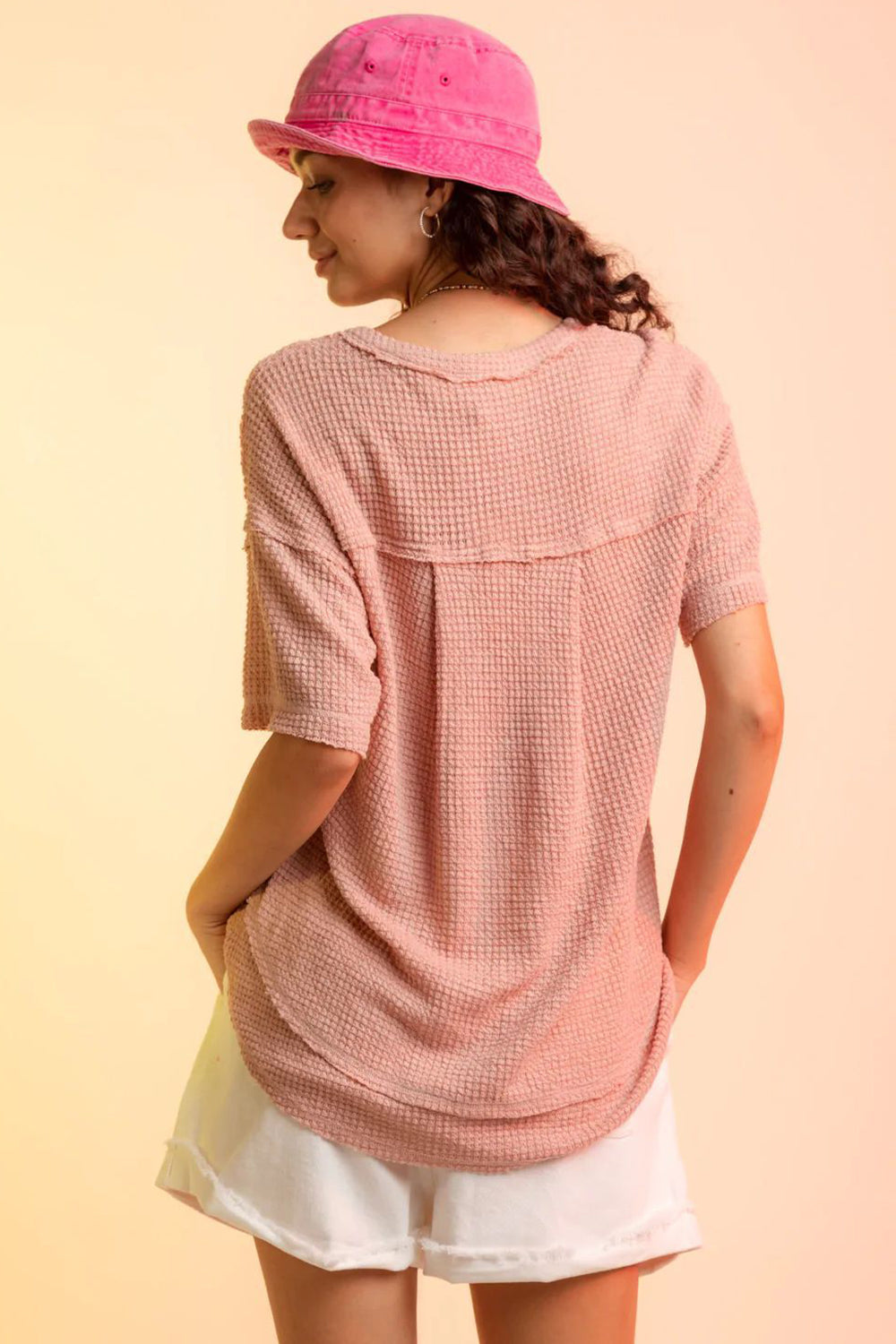 Waffle-Knit Notched Half Sleeve T-Shirt