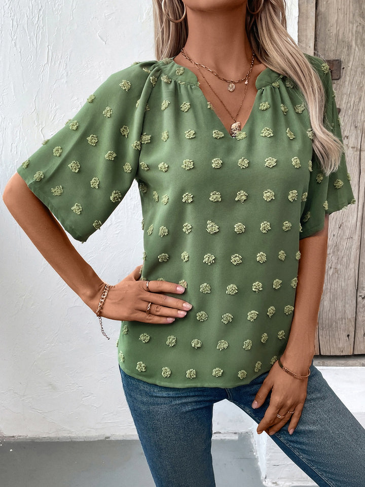 Swiss Dot Notched Half Sleeve Blouse