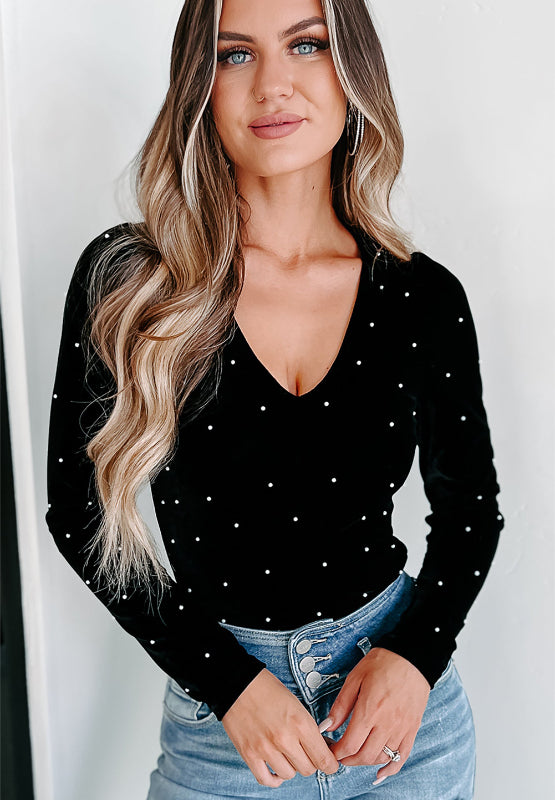 Pearl Detail Velvet V-Neck Long Sleeve Bodysuit