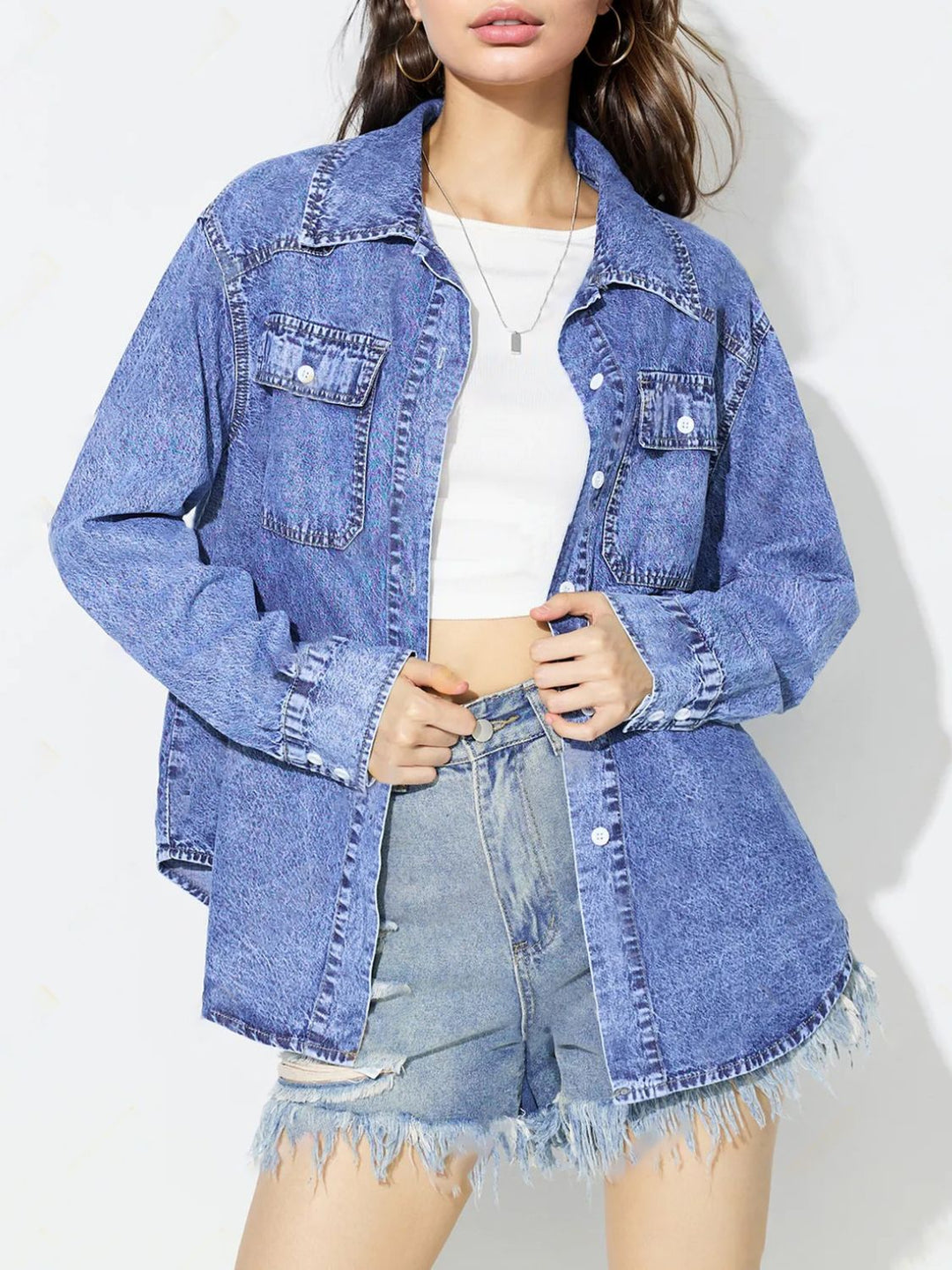 Curved Hem Collared Neck Denim Top