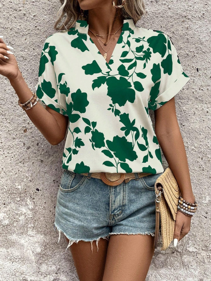 Flower Notched Short Sleeve Blouse